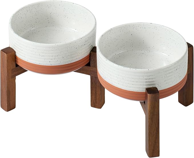 Havniva Elevated Dog Bowls, Ceramic Raised Dog Bowl with Stand | 6.1” Dog Food Bowls Elevated, Dog Food and Water Bowl Set, Non-Slip Acacia Wood Stand, Small Dogs Bowl, 3.4 Cups 27 oz by Havniva