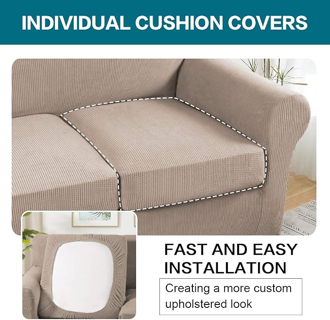 Turquoize 4 Piece Sofa Slipcover Sofa Covers for 3 Cushion Couch Soft Couch Cover for Dogs-Washable Sofa Furniture Covers with 3 Individual Cushion Covers,Feature Jacquard Fabric(3 Cushion Sofa, Sand) - Image 5