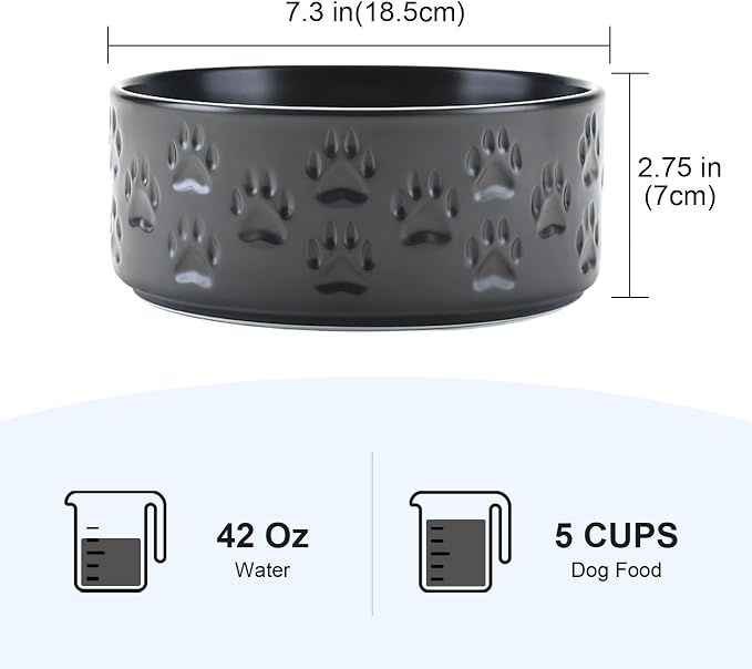 SPUNKYJUNKY Ceramic Dog Bowls 2 Pack, 7.3'' Dog Food Water Double Feeding Bowls Non-Slip for Medium to Large Sized Breed Microwave Dishwasher Safe - 42 OZ, 2pcs, Paw Black - Image 2