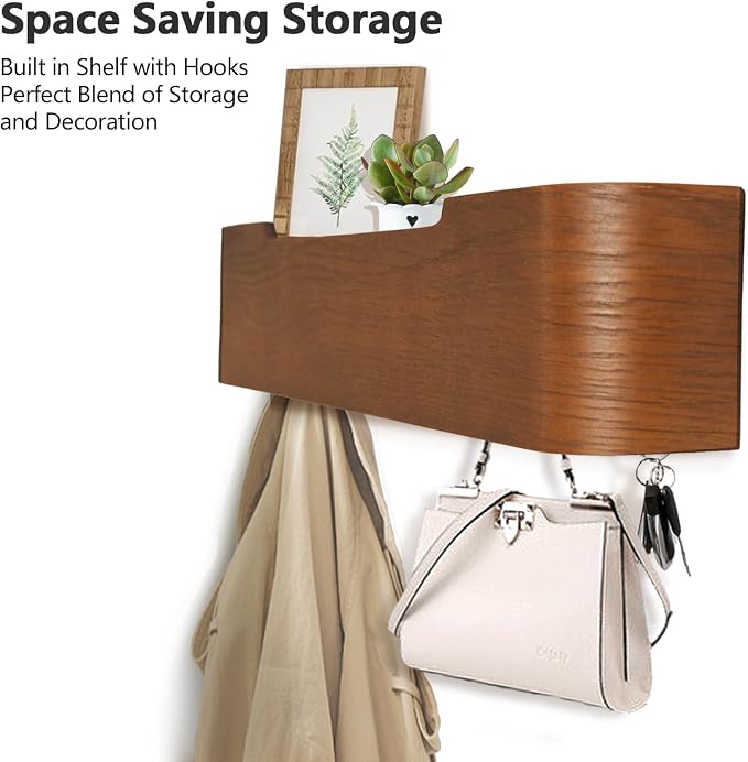 Coat Rack Wall Mount with Hidden Hooks Modern Key Holder Wood Entryway Hook with Shelf for Bedroom Kitchen Hallway Bathroom Designed for Hanging Coats Hats Bags Towel Dog Leashe(Walnut,4 Hooks) - Image 2