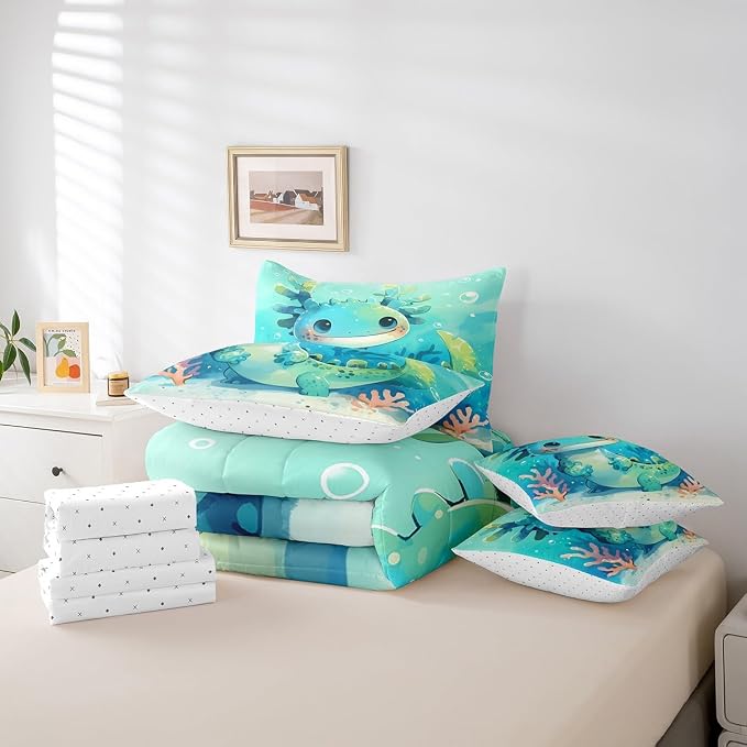 Feelyou Cute Axolotl 7 Piece Bedding Set Full Size Cute Blue Teal Axolotl for Kids Boys Girls Teens Toddler Ocean Animal Bed in a Bag Comforter Set with Sheets Cartoon Bed Set - Image 6