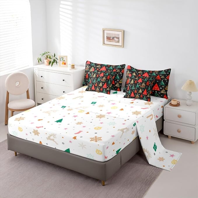 Erosebridal Black Christmas Bedding Set King Red Green Christmas Tree Comforter Set 7 Piece Xmas Forest Pine Trees Bed in A Bag for Adults Winter Xmas Snowflake Quilt with Flat Fitted Sheet - Image 5