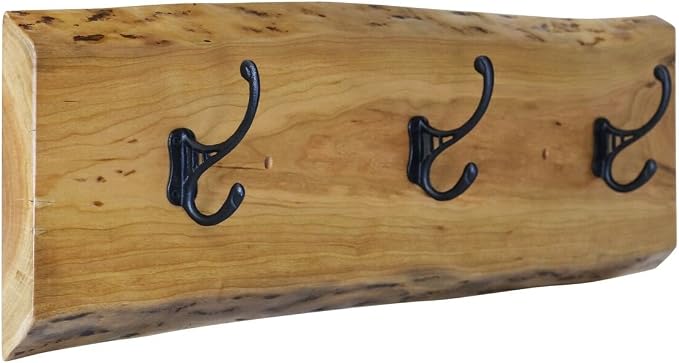 Reclaimed Live Edge Solid Wood Decor Wall Mounted Coat and Hat Rack Pet Dog Leash Jewelry Necklace Holder with 3 Hooks 36" w x 11" h 4" deep by Rooms Organized (Cherry) - Image 2