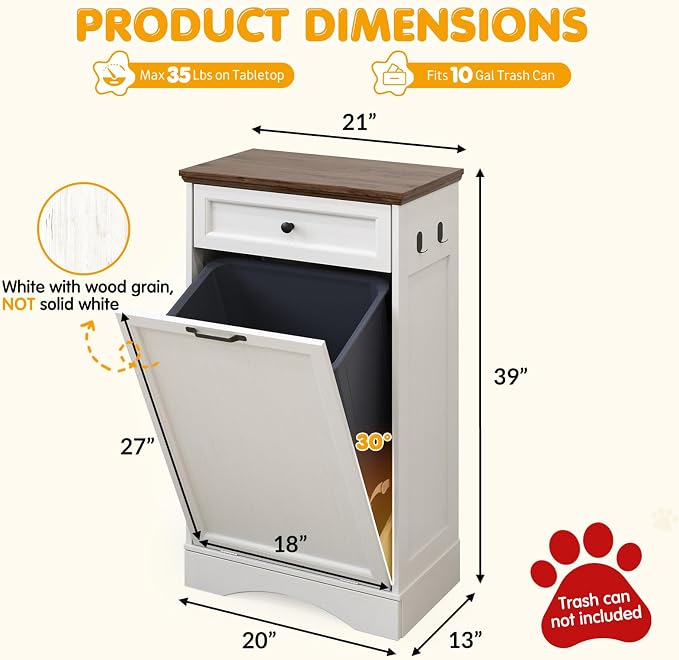 Tilt Out Trash Can Cabinet with Dog Bowl, 10 Gallons Dog Feeding Station with Storage Cabinet, Pet Food Cabinet with Hideaway Drawer for Kitchen, Living Room - Image 2