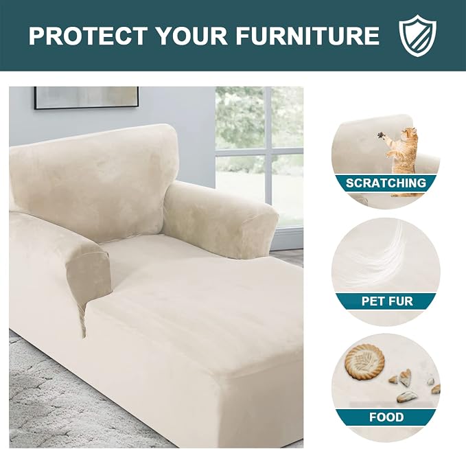 FantasDecor Velvet Chaise Lounge Cover Stretch Double Arm Chair Slipcover for Living Room Bedroom Soft Plush Fabric Machine Washable, Ivory - Image 5