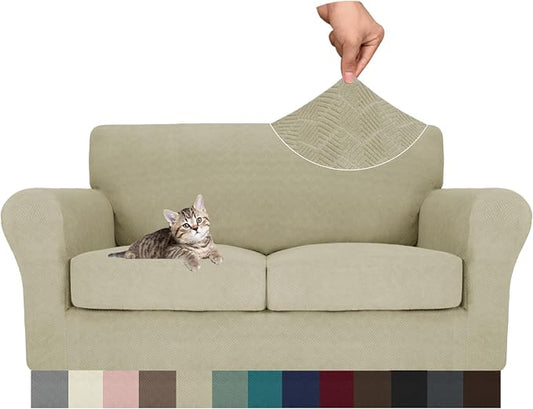 MAXIJIN 3 Piece Couch Covers for 2 Cushion Couch loveseat Cover, Stretch Love Seat Sofa Slipcovers for Dogs Pet, Thick Furniture Protector with 2 Seat Cushion (55"-69", Khaki) by MAXIJIN