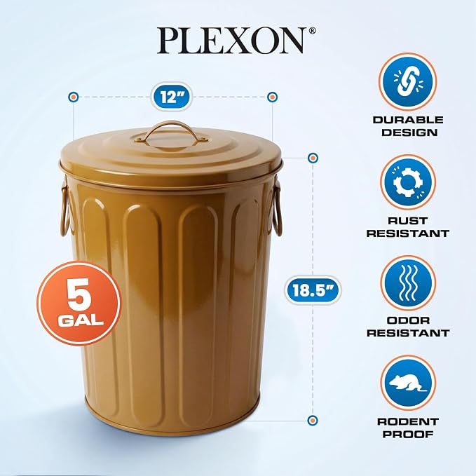 Plexon 5 Gallon Small Metal Trash Can with Lid Outdoor Galvanized Steel Bucket with Lid 5 Gal Storage Can for Dog Food Bird Seed Storage Container, Brown - Image 6