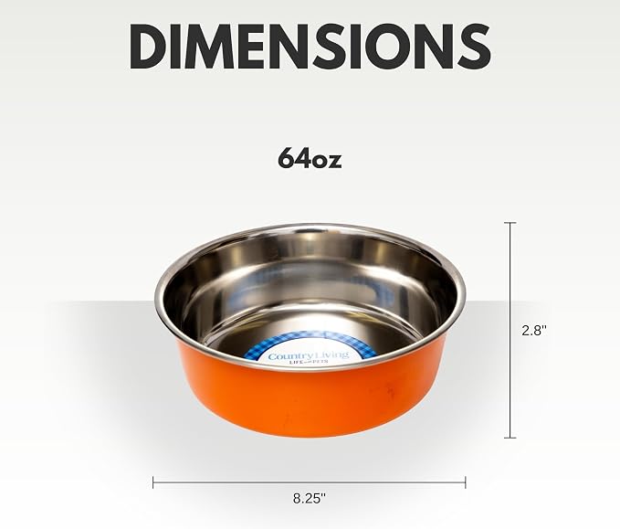 Country Living Set of 2 Heavy Gauge Stainless Steel Dog Bowls - Non-Skid, Durable & Rust-Resistant - Perfect for Food & Water - Vibrant Orange, 64 oz Capacity - Image 3