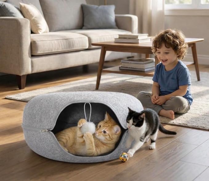 Cat Tunnel Bed - Comfort Bedz Large Donut Cave for Cats, Felt Enclosed Hideaway with Zipper, Top Perch, Interactive Toy, Washable Indoor Cat House - Image 2