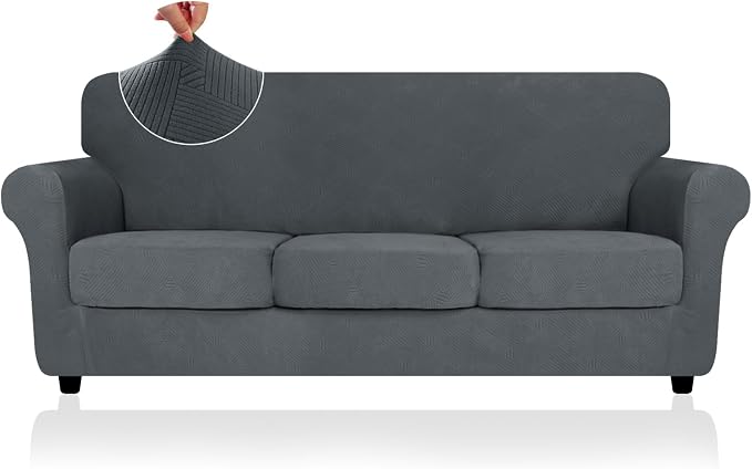 ZNSAYOTX 4 Piece Stretch Sofa Covers (71"-91"), Thick Striped Couch Covers for 3 Cushion Sofa with Elastic Band Bottom Ties Non-Slip Stay in Place, Soft Durable Washable Couch Slipcovers, Dark Grey - Image 7