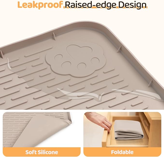 Dog Food Mat 40''x40'' Extra Large Dog Mat for Food and Water,Khaki | Silicone Dog Bowl Mat with Raised Edge, Waterproof Non-Slip Pet Feeding Mat for Floors, fit for Dog Cat Bowls - Image 3