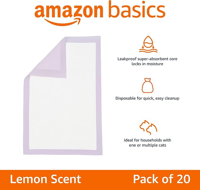 Amazon Basics Cat Litter Pee Pads, Super Absorbent, Odor Control with Lemon Scent, Disposable, Universal Fit for Litter Box, Multi Cat, Purple and White, 20 Count - Image 2
