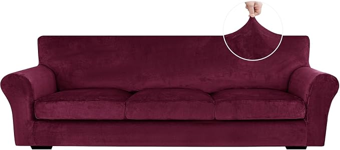 XINEAGE 4-Piece Velvet Oversize Sofa Cover, Couch Covers for Dog,Wine Red | 3 Cushion Large Sofa,Stretch Non-slip Elastic, Pet-friendly, Washable, Fast Setup, Soft Plush Fabric, Furniture Protector. by XINEAGE