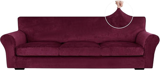 XINEAGE 4-Piece Velvet Oversize Sofa Cover, Couch Covers for Dog,Wine Red | 3 Cushion Large Sofa,Stretch Non-slip Elastic, Pet-friendly, Washable, Fast Setup, Soft Plush Fabric, Furniture Protector. by XINEAGE