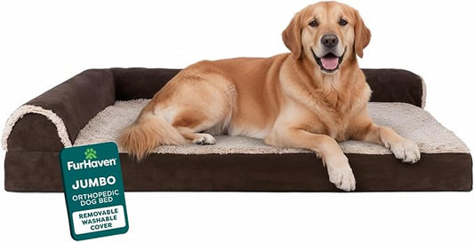 FurHaven Orthopedic Dog Bed for Large Dogs, L-Shaped Chaise Mattress with Orthopedic Egg Crate with a Solid Orthopedic Foam Base for Joint Support, Washable Cover, Jumbo XL, Faux Fur & Suede, Espresso by FurHaven