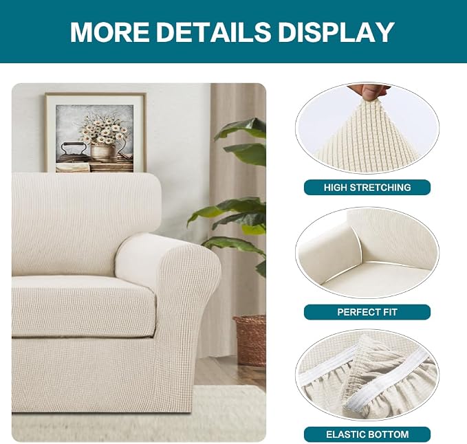 Turquoize 2 Piece Chair Covers Armchair Slipcovers for Living Room Armchair Sofa Cover with Individual Cushion Covers Feature Jacquard Fabric (Chair, Cream) - Image 4