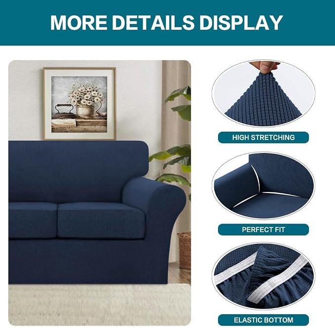 Turquoize 3 Piece Sofa Covers for 2 Cushion Couch Sofa Slipcover Soft Couch Cover for Dogs-Washable Sofa Furniture Covers with 2 Individual Cushion Covers, Thick Jacquard Fabric (Loveseat, Navy) - Image 4