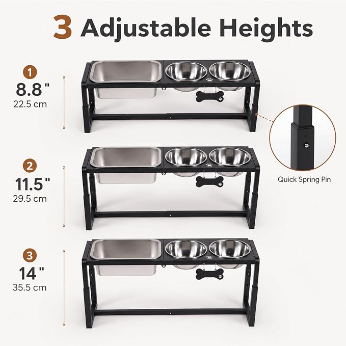 Metal Elevated Dog Bowls for Medium/Large Breed, 3 Adjustable Height(8.8''/11.5''/14'') Raised Dog Bowl Stand with Two 58oz & One 1.2gallons Large Stainless Steel Dog Food Water Bowls - Image 4