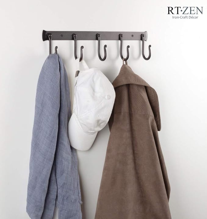 RTZEN Classic Farmhouse Wall Mount Multi-Use Wrought Iron Hook Set (5 Pack) | Decorative Rustic Metal Handcrafted Bathroom, Entreyway Home Decor Hooks Suitable for Coats, Towels, Robe or Hat Hanging - Image 2