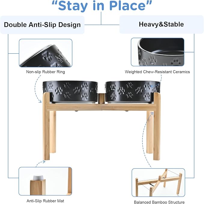 SPUNKYJUNKY Elevated Dog Bowls Ceramic, 8.3'' Dogs Food Water Bowls Raised with Non-Slip Bamboo Stand for Large Sized Breed Microwave Dishwasher Safe - 60 OZ,Paw Black - Image 4