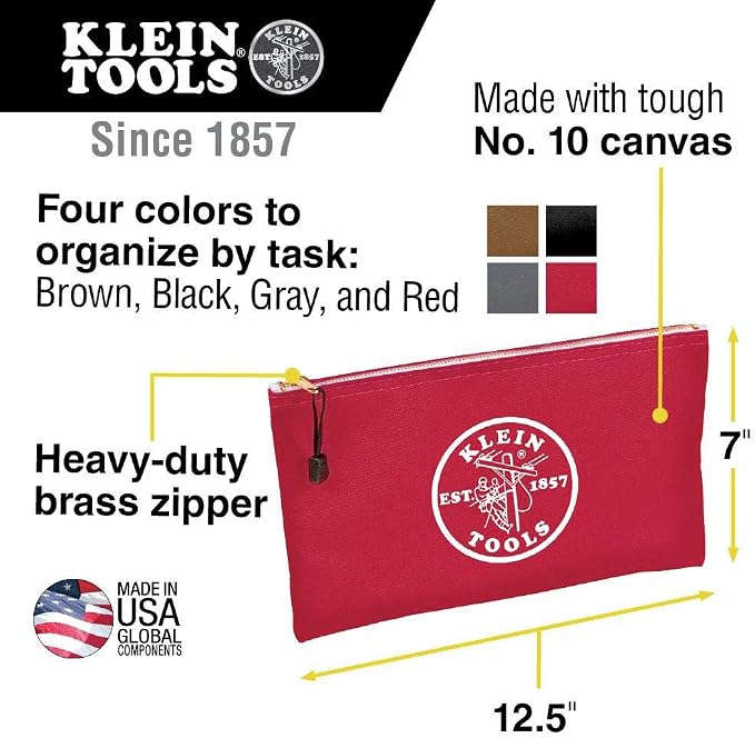 Klein Tools 5141 Zipper Tool Bag, Tool Pouch, Bank Deposit Canvas Utility Bag, 12.5 x 7-Inch, Brown/Black/Gray/Red 4-Pack - Image 3