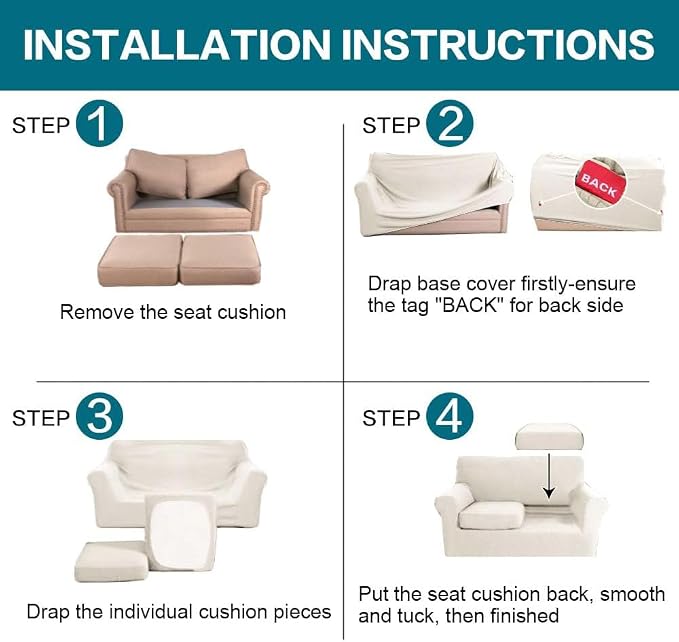 Turquoize 3 Piece Sofa Covers for 2 Cushion Couch Loveseat Slipcover Soft Couch Cover for Dogs-Washable Sofa Furniture Cover with 2 Individual Cushion Covers, Thick Jacquard Fabric (Loveseat, Ivory) - Image 7