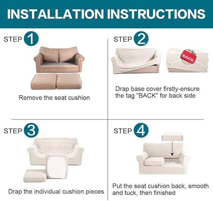 Turquoize 3 Piece Sofa Covers for 2 Cushion Couch Loveseat Slipcover Soft Couch Cover for Dogs-Washable Sofa Furniture Cover with 2 Individual Cushion Covers, Thick Jacquard Fabric (Loveseat, Ivory) - Image 7