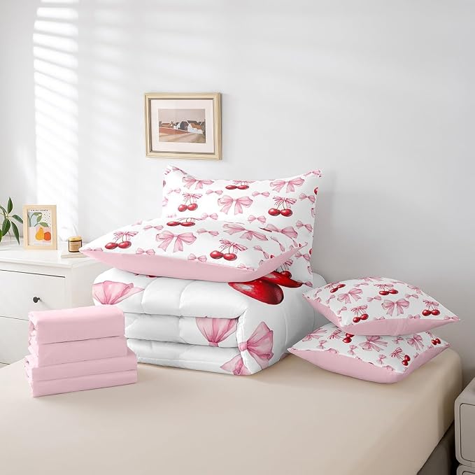Erosebridal 7 Pcs Cherry Bowknot Kids Comforter Set Full Bed in a Bag,Princess Bow Bedding Set for Girls Girlfriend,Girly Red Cherries Duvet Set,Romantic Valentine Bow Tie Geometric Sheet Set - Image 6