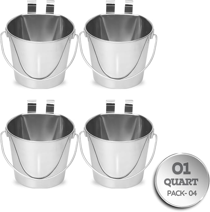 1 Quart Stainless Steel Flat Sided Bucket with Dual Hooks | 4 Pcs Durable Food & Water Bowl for Dog Cat Bird & Small Animals | Fits kennel Cage Crates Farm Hanging Pet Pail | Multipurpose by AASPIREPETS