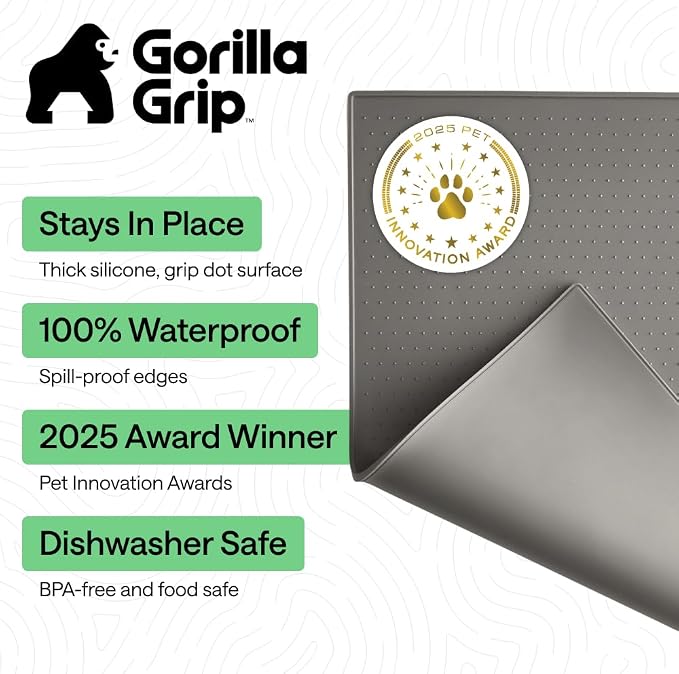 GORILLA GRIP 100% Waterproof Raised Edge BPA Free Silicone Pet Feeding Mat, Dog Cat Food Mats Contain Spills Protects Floors, Placemats for Cats and Dogs Water Bowl, Pets Accessories 26x17 Gray - Image 2