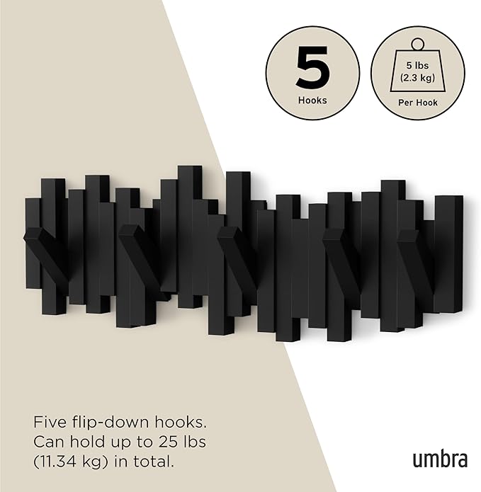 Umbra Sticks Wall Mount Coat Rack, 5 Hook Retractable Pegs, Black | Mounting hardware included, sculptural modern design, entryway or bedroom use, recycled plastic - Image 5
