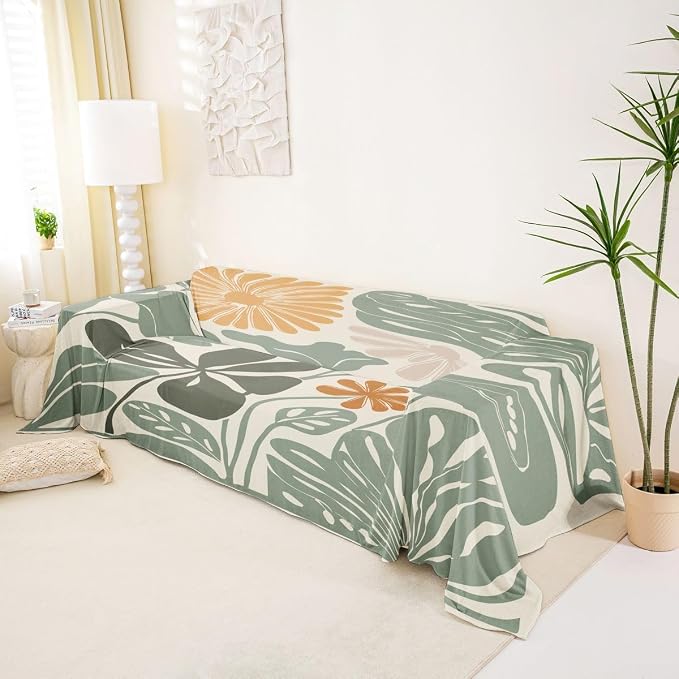 Erosebridal Retro Flower 70S Couch Cover 71" X 134" Groovy Vintage Floral Sofa Cover Sage Green Yellow Sofa Protector Modern Minimalist Non Slip Couch Protector for Pet Cats Kids, Washable - Image 2