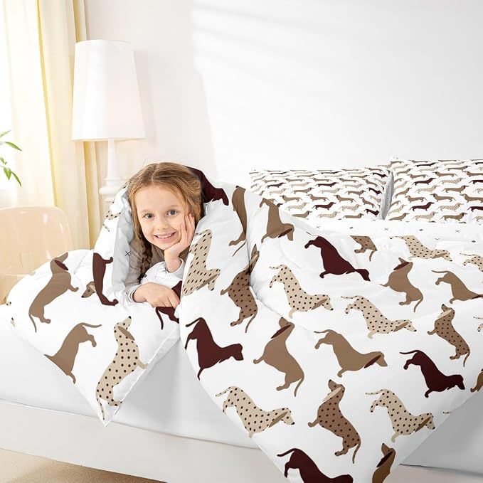 Feelyou Cartoon Dog Print Comforter,Puppy Animal Bedding Bed Set,Cute Dachshund Kawaii Comforter Set for Teens Kids Boys Girls Adults Decor,Brown Quilt Collection 2Pcs Twin Size Boys - Image 7