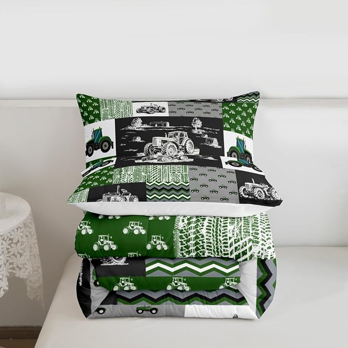 Tractor Bedding Set Twin Size Equipment Trucks Comforter Farmhouse Harvester Down Comforter for Kids Boys Car Bedroom Decor Green Vehicle Quilt Plaid with 1 Pillowcase, Grey - Image 7
