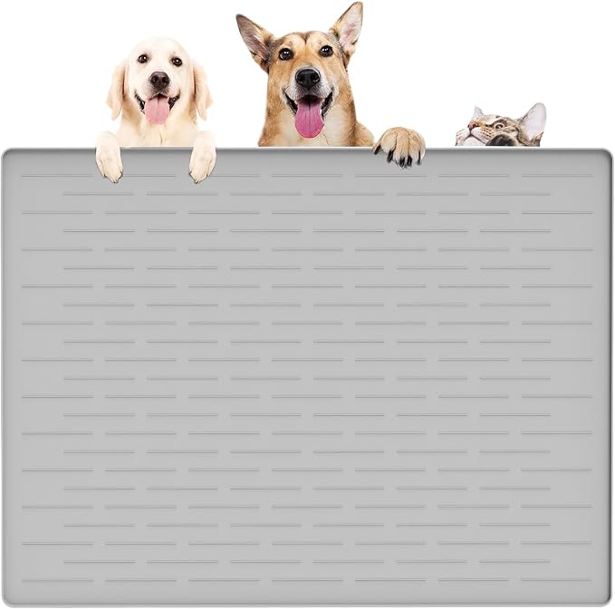 39.4"x29.5" Largest Pet Food Mat, Silicone Dog Mats for Food and Water, Nonslip Pet Feeding Mats for Floors,Dog Cat Bowl Mat with Raised Edges, Gray White by WelcometoULTIBE