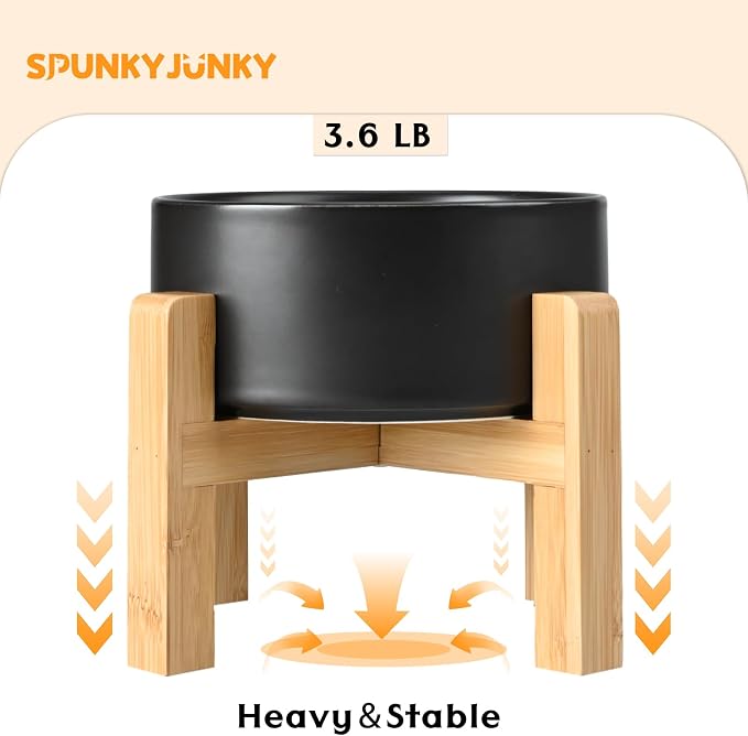 SPUNKYJUNKY Ceramic Elevated Dog Bowls 2 Pack - 8.3inch Raised Dog Bowls with Non-Slip Wooden Stand for Large Dogs Dishwasher Safe(Black,60OZ*2) - Image 6