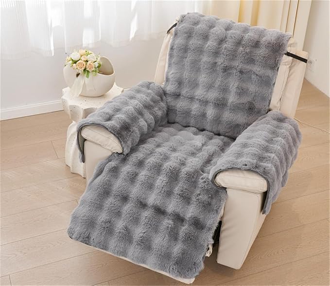 Plush Recliner Slipcover Home Faux Fur Fluffy Recliner Chair Slipcover Non Slip Back Fuzzy Fluffy Reclining Couch Cover Soft Comfort Sofa Slipcover Washable Furniture Protector (Gray) - Image 3