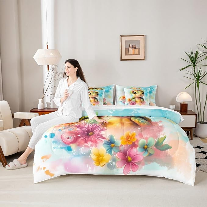 Erosebridal Kids Sea Turtle King Size 7-Piece Bedding Set, Marine Life Tortoise Bed in A Bag, Summer Blue Coastal Comforter Set with Sheets, Colourful Florals Bedding Comforter Sets - Image 6
