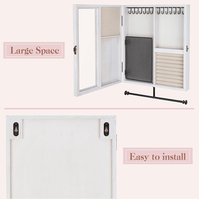 Keebofly Wall Mounted Rustic Wood Jewelry Organizer Cabinet - White | Large Hanging Holder Display for Necklaces, Earrings & Bracelets, Space Saving Ring Storage, Great Gift for Women - Image 8