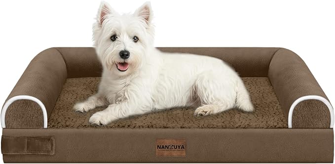 NANUYA Orthopedic Dog Bed for Medium Dogs, 28 x 19 Inch, Dark Coffee | Egg crate foam for joint support, 3-sided bolster pet sofa, waterproof lining, washable cover, and non-skid base by Nanuya