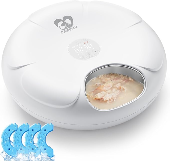 Casfuy Automatic Cat Feeder Cordless - Automatic Cat Food Dispenser with Stainless Steel Tray for Wet Food Rechargeable Auto Feeder for Cats Small Dogs with Programmable Timer Low Battery Indicator by casfuy