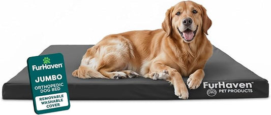 Furhaven Water-Resistant Orthopedic Dog Bed for Large Dogs w/ Removable Washable Cover, For Dogs Up to 95 lbs - Indoor/Outdoor Logo Print Oxford Polycanvas Mattress - Stone Gray, Jumbo/XL by FurHaven