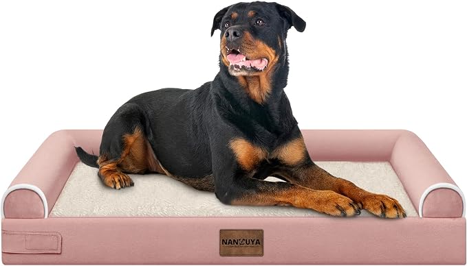 NANUYA Orthopedic Dog Bed for XX-Large Dogs, 44 x 34 Inch, Pink | Egg crate foam for joint support, 3-sided bolster pet sofa, waterproof lining, washable cover, and non-skid base by Nanuya