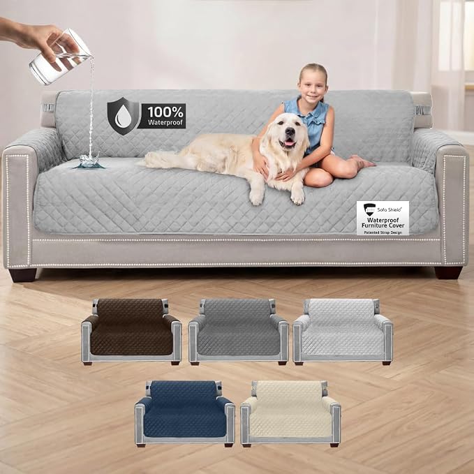 Sofa Shield 100% Waterproof Couch Cover with Patented Straps, Slip & Stain Resistant Furniture Protector, Machine Washable Sofa Slipcover for Dogs Cats Pets Kids, 78 inch Seat, Oversized, Light Gray by SofaShield
