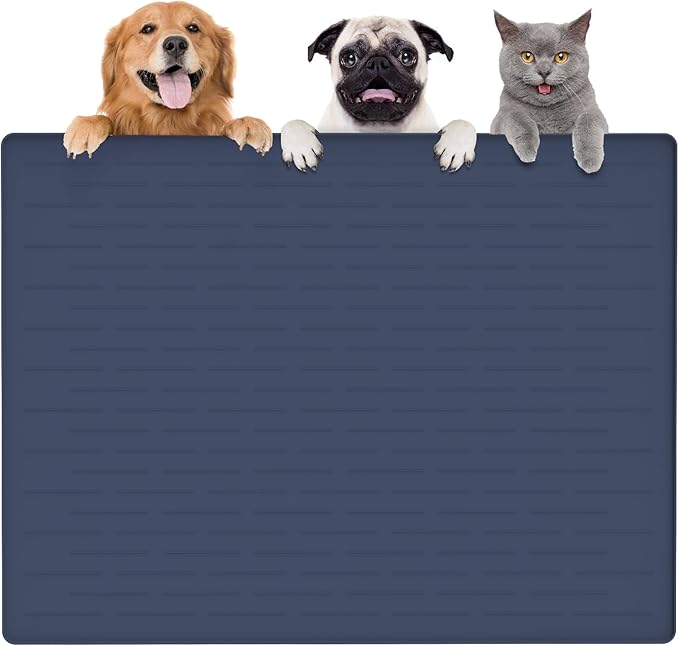 Largest Dog Food Mat, 39.5"x29.5" Silicone Dog and Cat Mat for Food and Water Bowls, Thinken Waterproof Non-Slip XXXL Pet Feeding Mat for Floors (Dark Blue) by Goldleaf