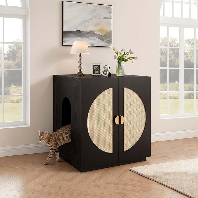 unipaws Cat Litter Box Enclosure for Self-Cleaning & Automatic Litter Boxes | Extra Large Cabinet with Charging Station, Wooden Dog Proof Hidden Cat House for Top Entry Litter Box - Image 2