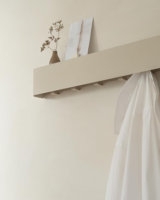 Kazai. Coat Rack Wall Mount with Shelf 'Tone' | Modern Design Coat Hanger with Hidden Hooks and Storage | Hat Rack with Shelf in Metal | Wall-Mounted Purse Organizer | Sand Taupe - Image 3