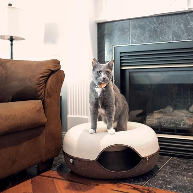 Travel Cat Tunnel Bed Cave - 21 Inch Large Premium Round Donut Cat Cave for Indoor Cats, Kitten - Detachable Cat Hideaway Cat Bed with Tunnel for Playing, Scratching, Sleeping (Chocolate & Cream) - Image 3