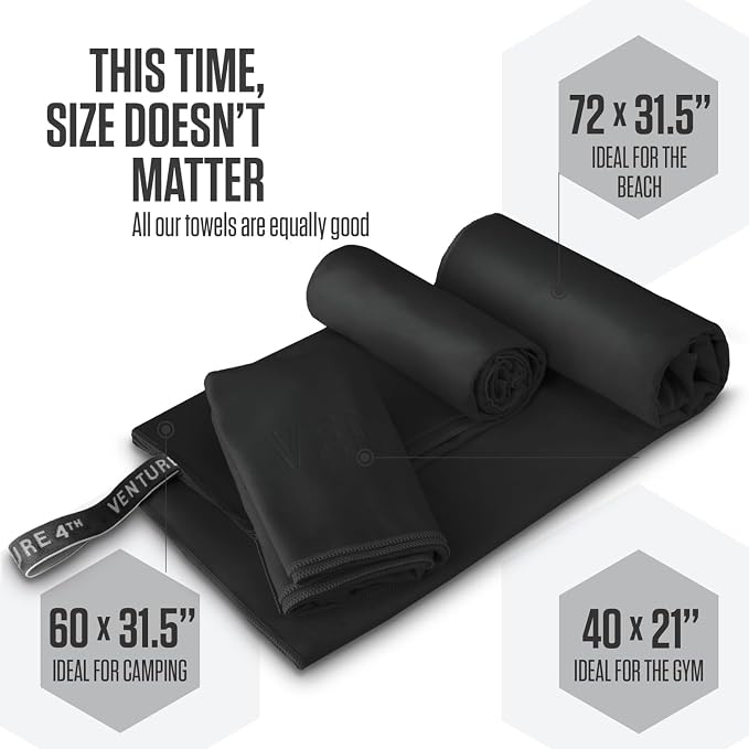 VENTURE 4TH 4-Pack Quick Dry Microfiber Towels - Black Extra Large | Absorbs 7x more than cotton. Fast-drying, odor-resistant microfiber. Lightweight, compact & easy to pack for any trip. - Image 3