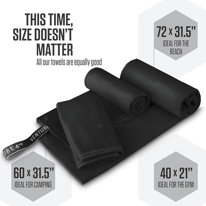 VENTURE 4TH 4-Pack Quick Dry Microfiber Towels - Black Extra Large | Absorbs 7x more than cotton. Fast-drying, odor-resistant microfiber. Lightweight, compact & easy to pack for any trip. - Image 3